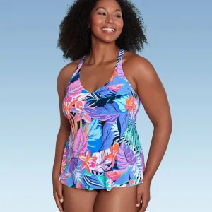 New - Aqua Green Women's V-Neck Tankini Swimwear Tank Top Swimsuit, Tropical Print M