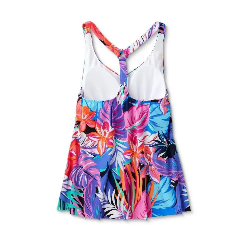 New - Aqua Green Women's V-Neck Tankini Swimwear Tank Top Swimsuit, Tropical Print M