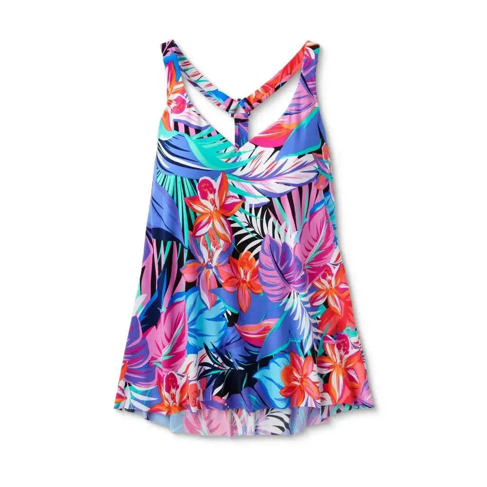 New - Aqua Green Women's V-Neck Tankini Swimwear Tank Top Swimsuit, Tropical Print M