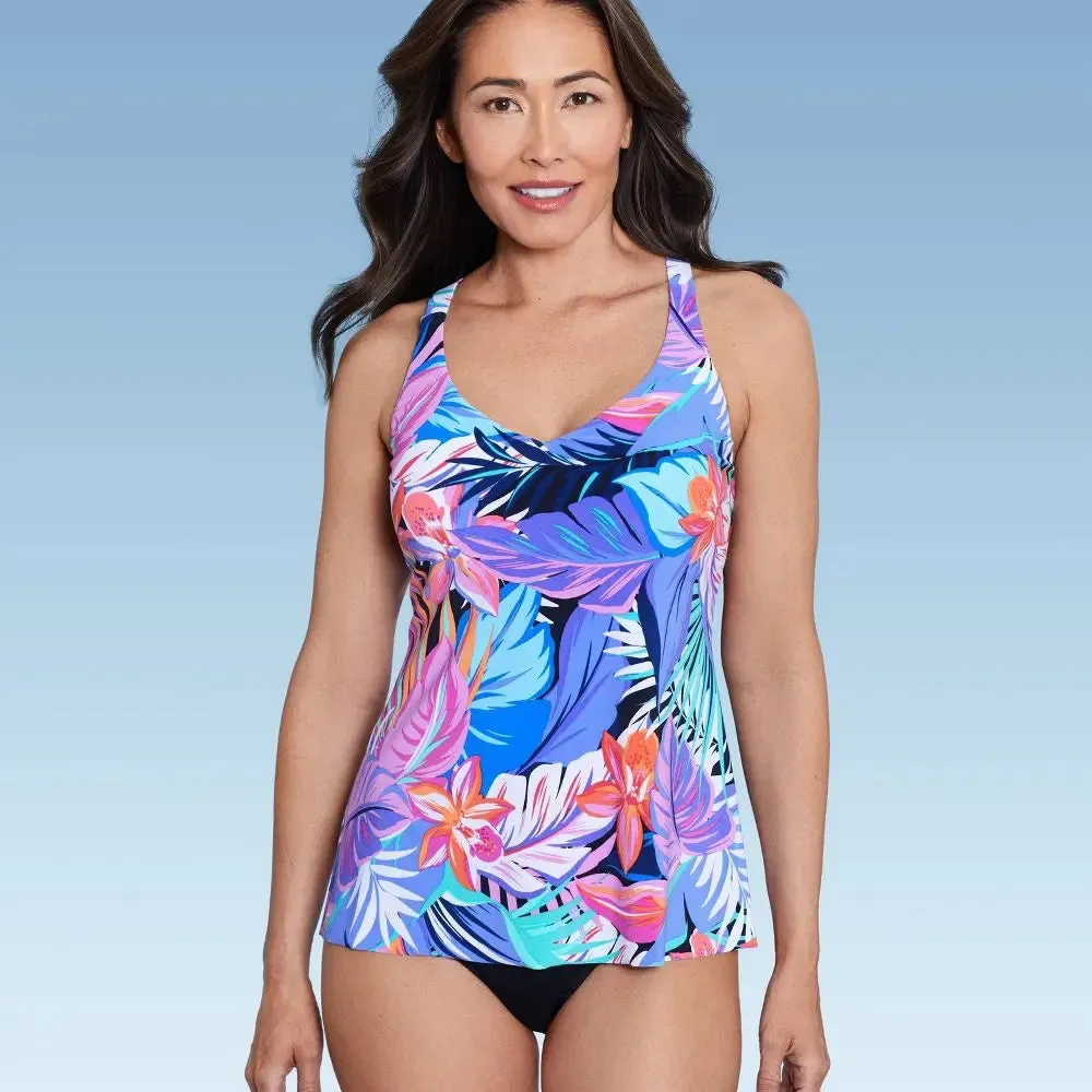 New - Aqua Green Women's V-Neck Tankini Swimwear Tank Top Swimsuit, Tropical Print M