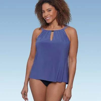 New - Women's UPF 50 High Neck Keyhole Tankini Top - Aqua Green Blue L