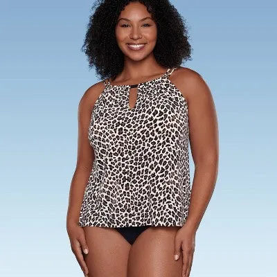 New - Women's UPF 50 High Neck Keyhole Tankini Top - Aqua Green Multi Animal Print L