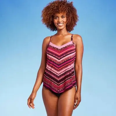 New - Women's V-Neck Angled Tankini Top - Aqua Green® Multi Pink L