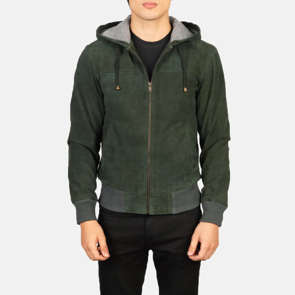 Nintenzo Green Hooded Suede Bomber Jacket