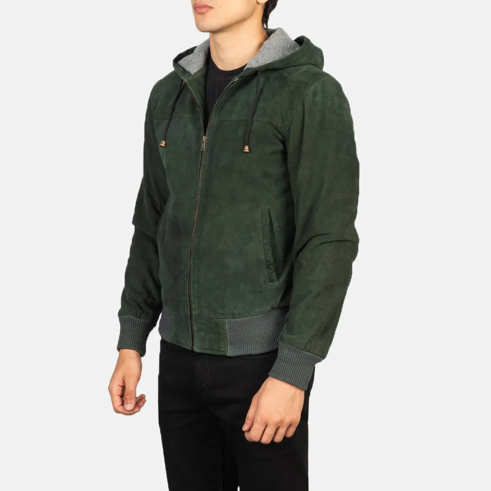 Nintenzo Green Hooded Suede Bomber Jacket