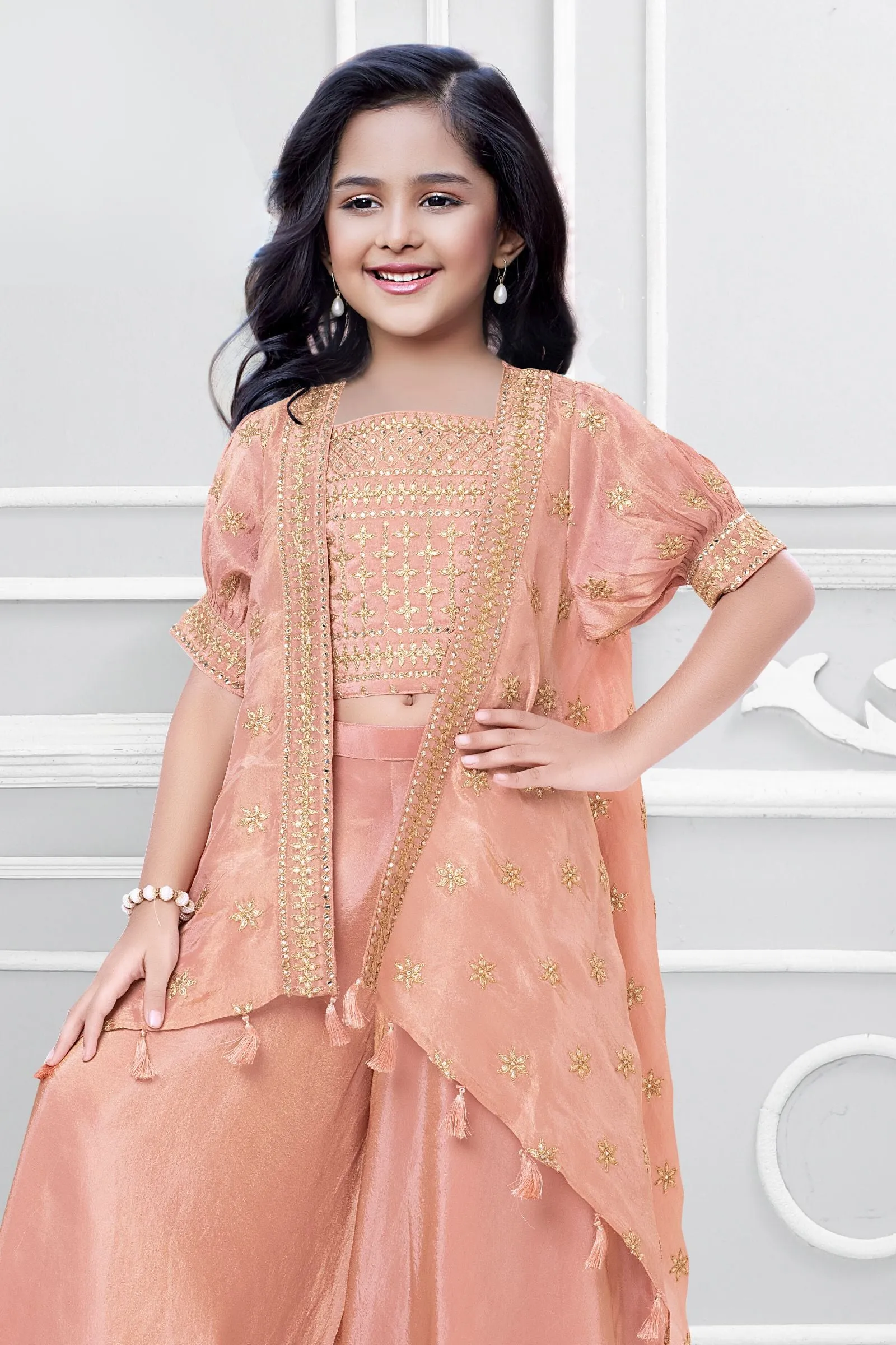 Onion Pink Gota Patti work Overcoat Styled Palazzo Set For Girls