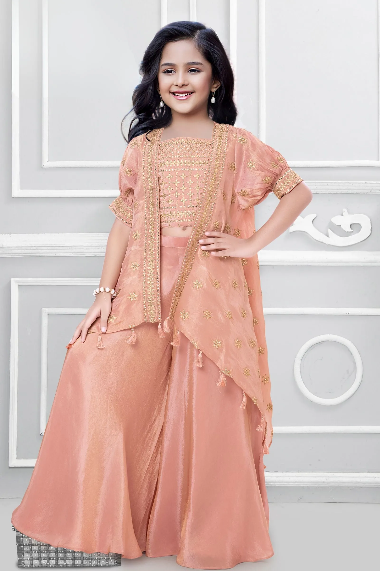 Onion Pink Gota Patti work Overcoat Styled Palazzo Set For Girls