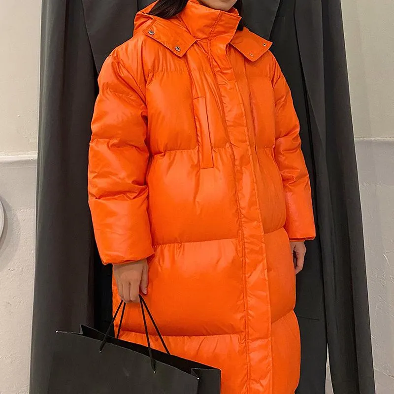 Orange Black Oversize Hooded Down Long Jacket