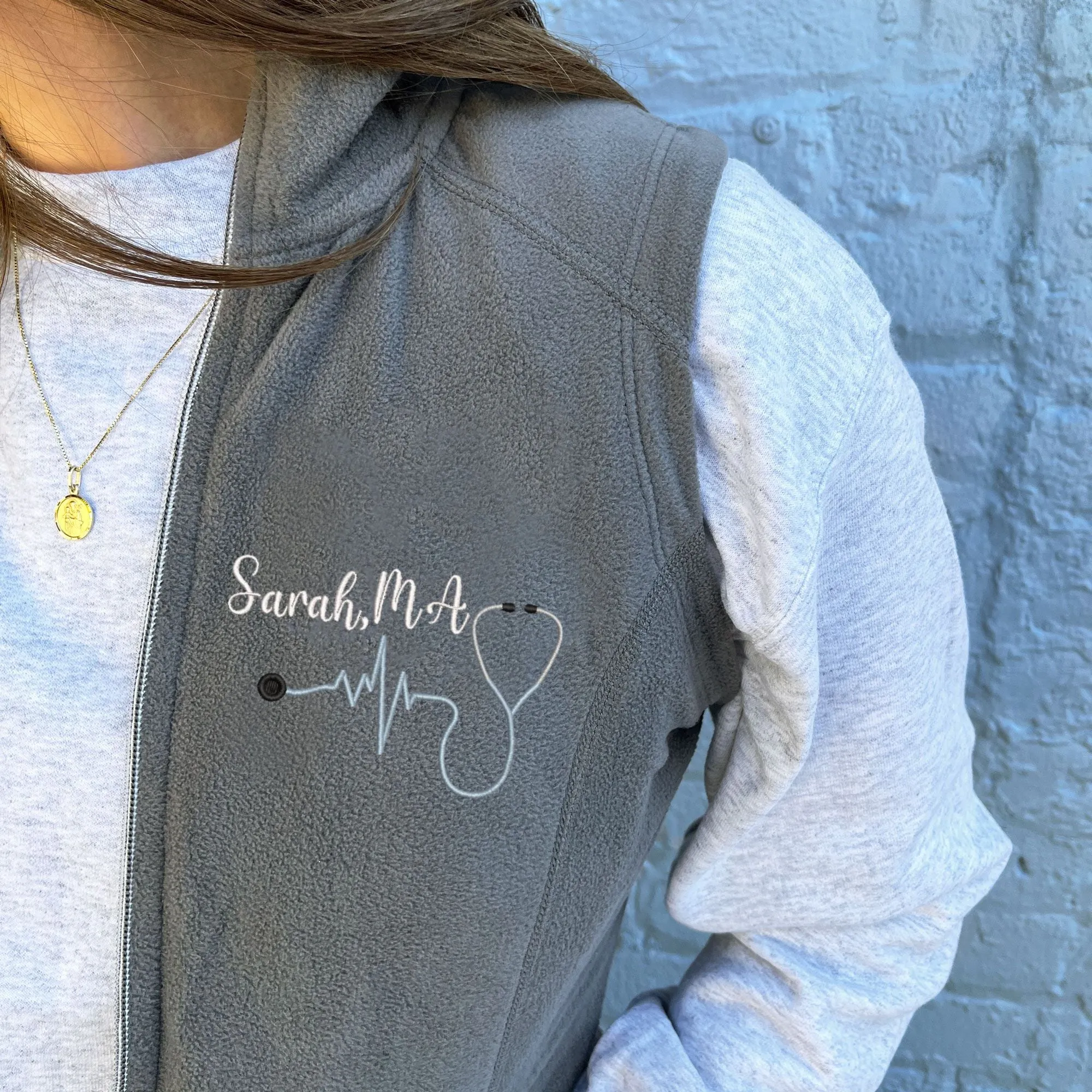 Personalized Embroidered Nurse Stethoscope Heartbeat Fleece Vest | Ladies Nurse Vest