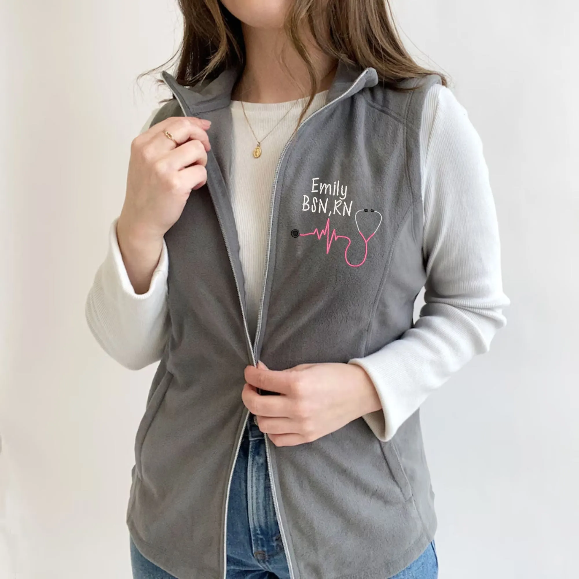 Personalized Embroidered Nurse Stethoscope Heartbeat Fleece Vest | Ladies Nurse Vest