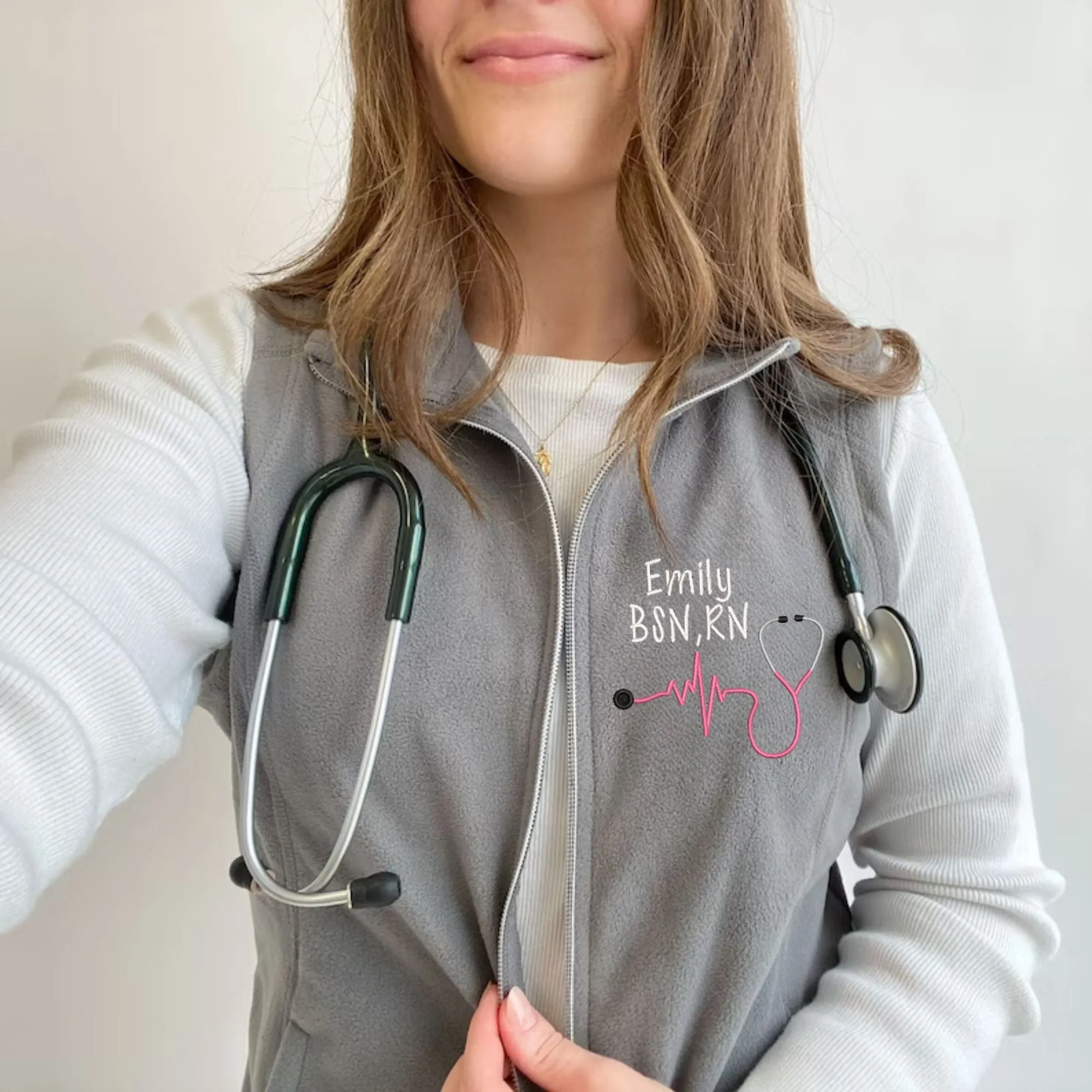 Personalized Embroidered Nurse Stethoscope Heartbeat Fleece Vest | Ladies Nurse Vest