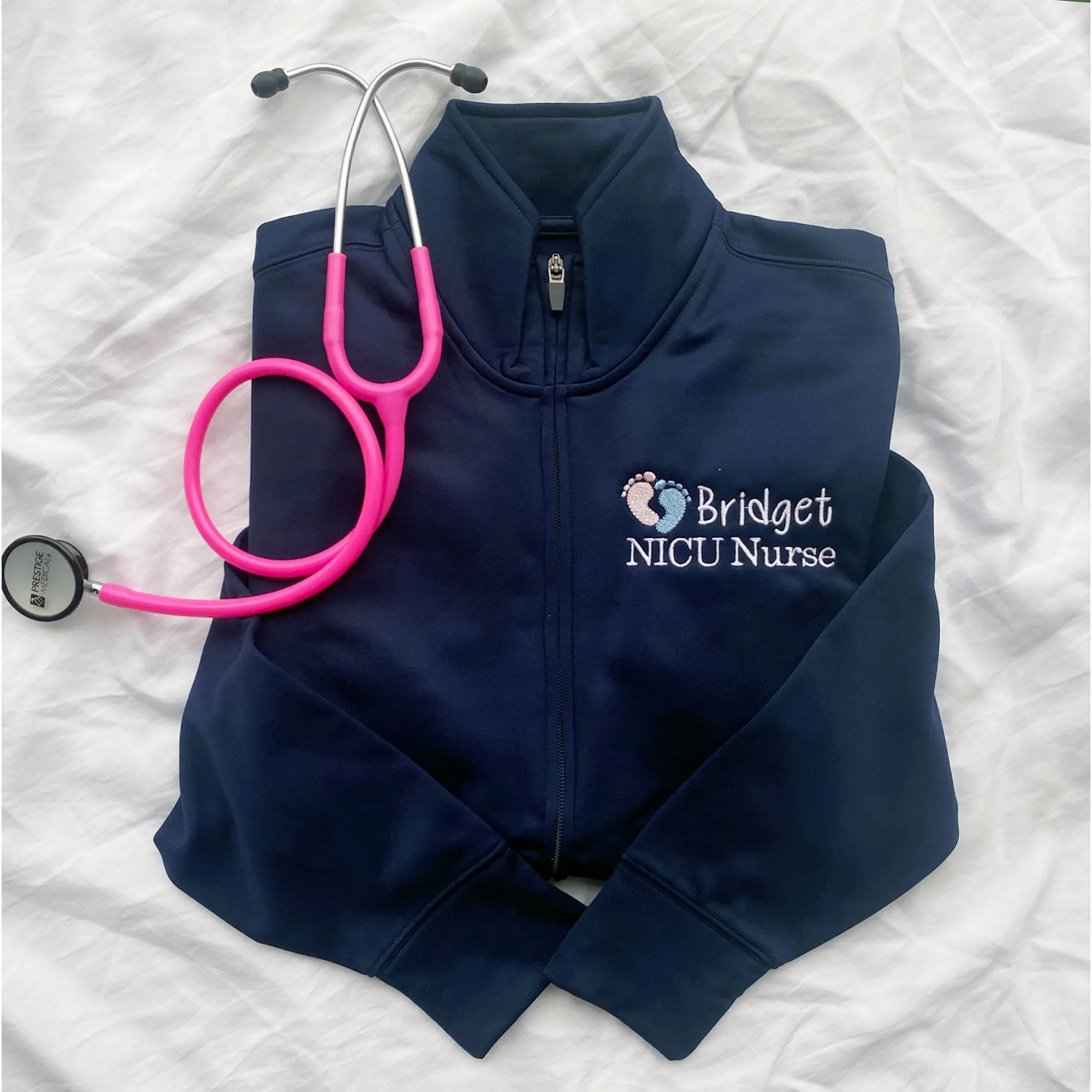 Personalized NICU Nurse Polyester Full Zip Fleece Jacket with Baby Feet