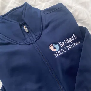 Personalized NICU Nurse Polyester Full Zip Fleece Jacket with Baby Feet