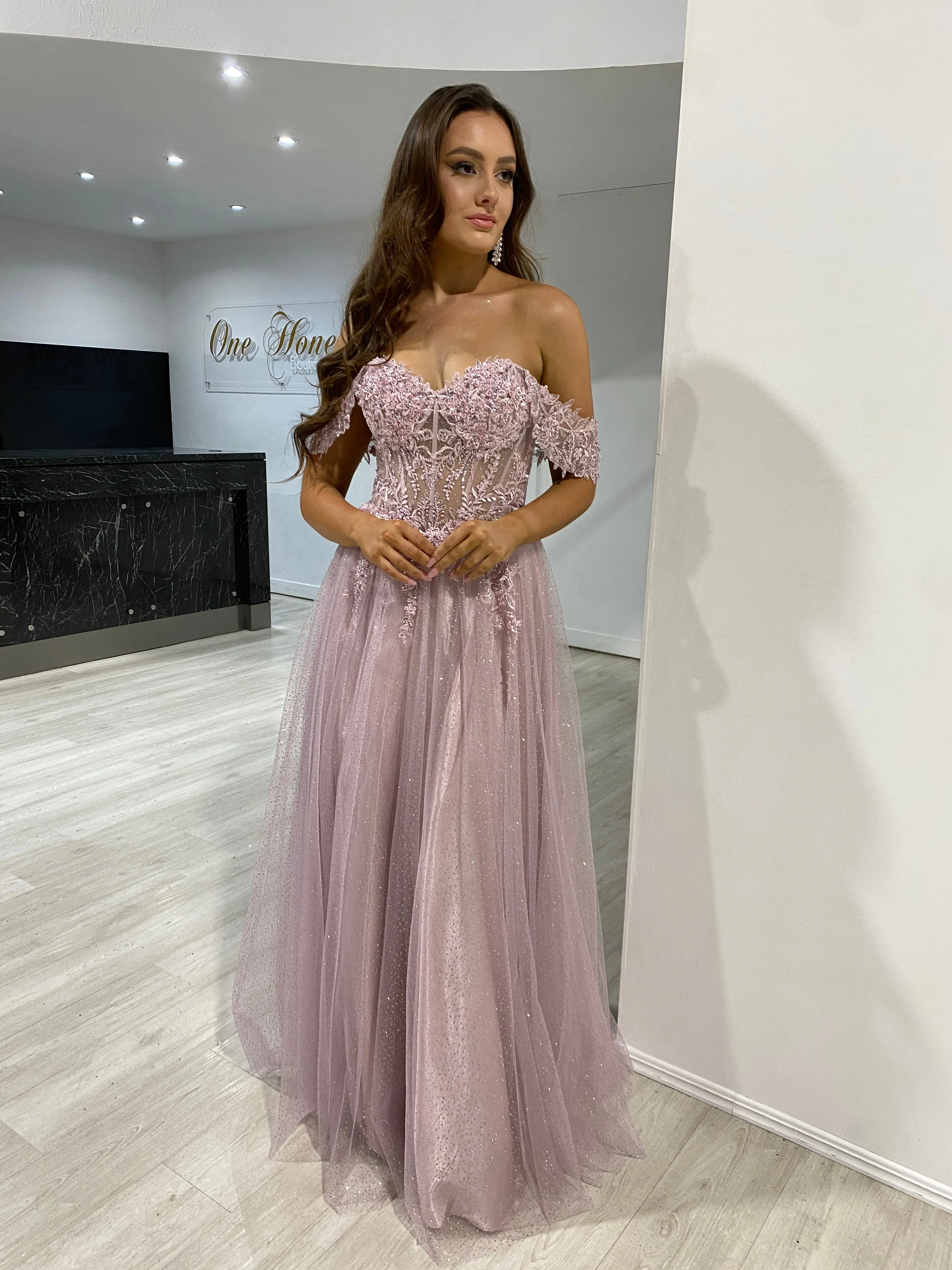 PHOEBE Off the Shoulder Bustier Lace Applique Tulle Formal Dress