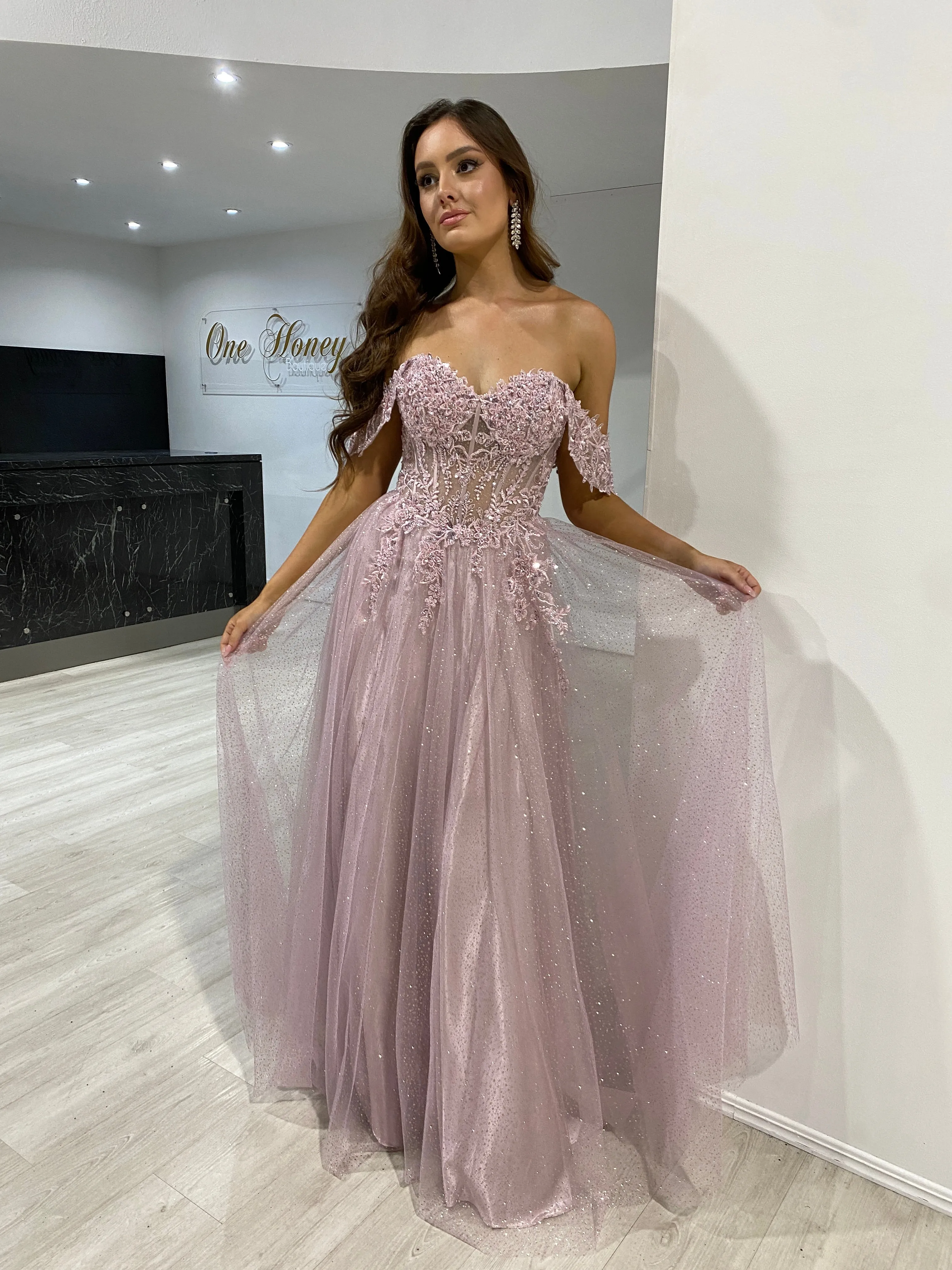 PHOEBE Off the Shoulder Bustier Lace Applique Tulle Formal Dress