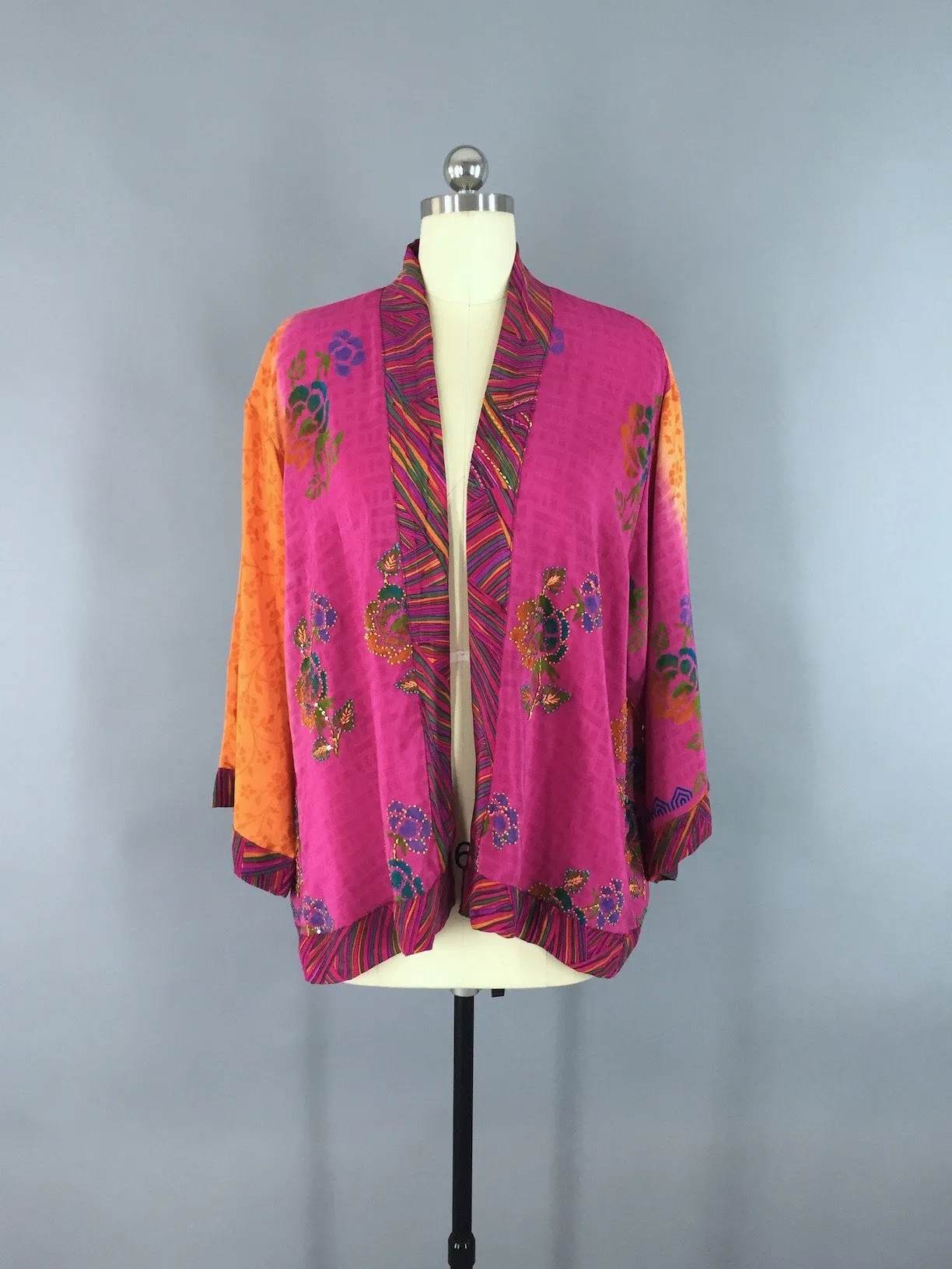 Pink & Orange Floral Print Silk Kimono Jacket made from a Vintage Indian Sari