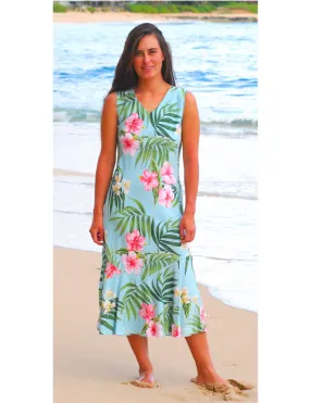 Pink Hibiscus Ladies Rayon Bias Cut VNeck Sleeveless Dress Aqua