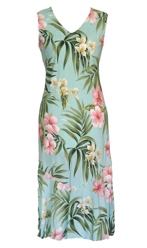 Pink Hibiscus Ladies Rayon Bias Cut VNeck Sleeveless Dress Aqua