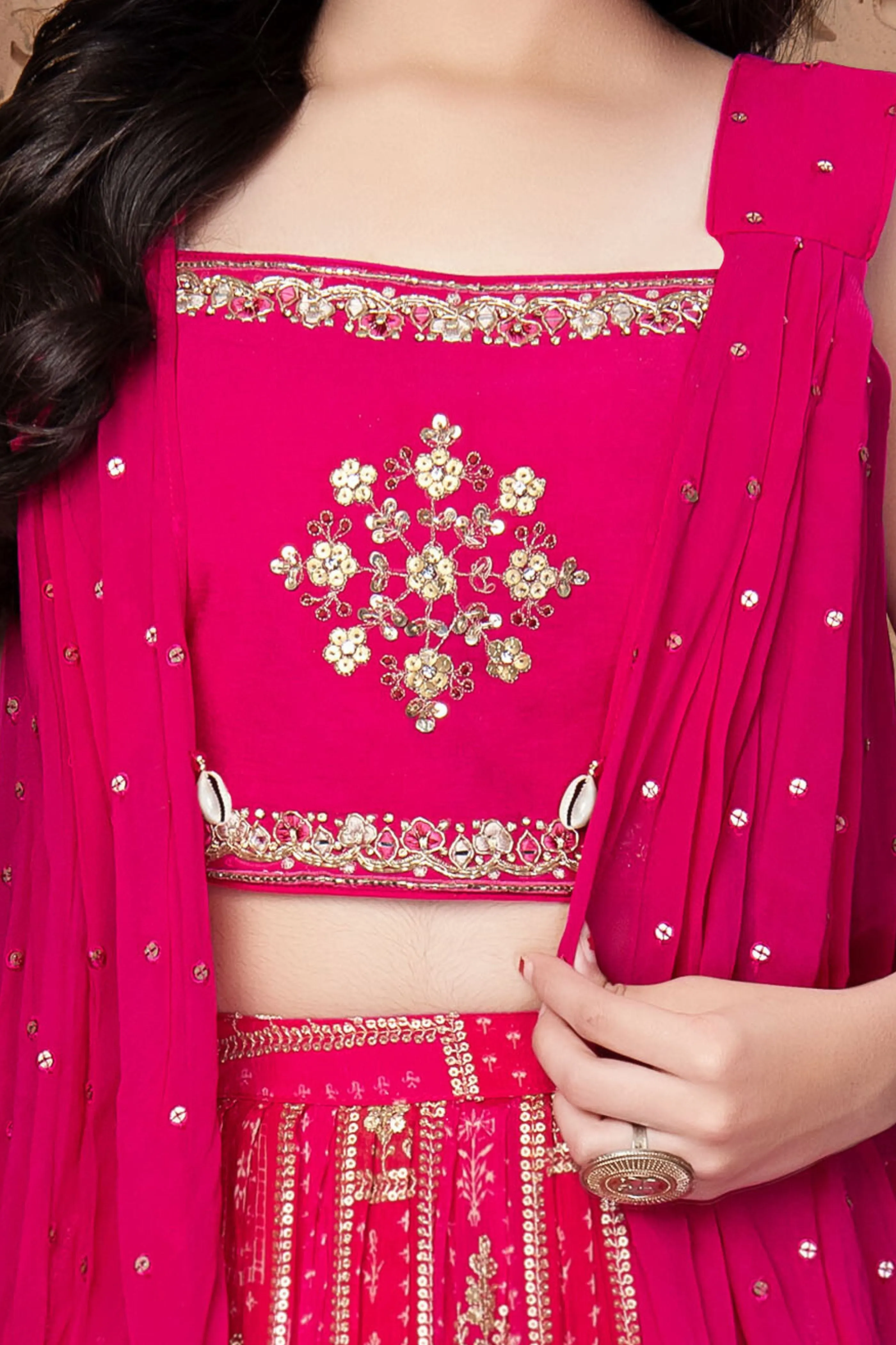 Pink Sequins and Zari work with Digital Print Overcoat Styled Lehenga Choli for Girls