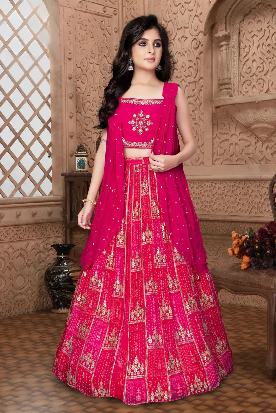 Pink Sequins and Zari work with Digital Print Overcoat Styled Lehenga Choli for Girls