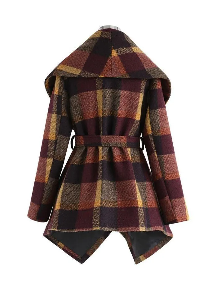 Plaid Shawl Collar Belt Overcoat