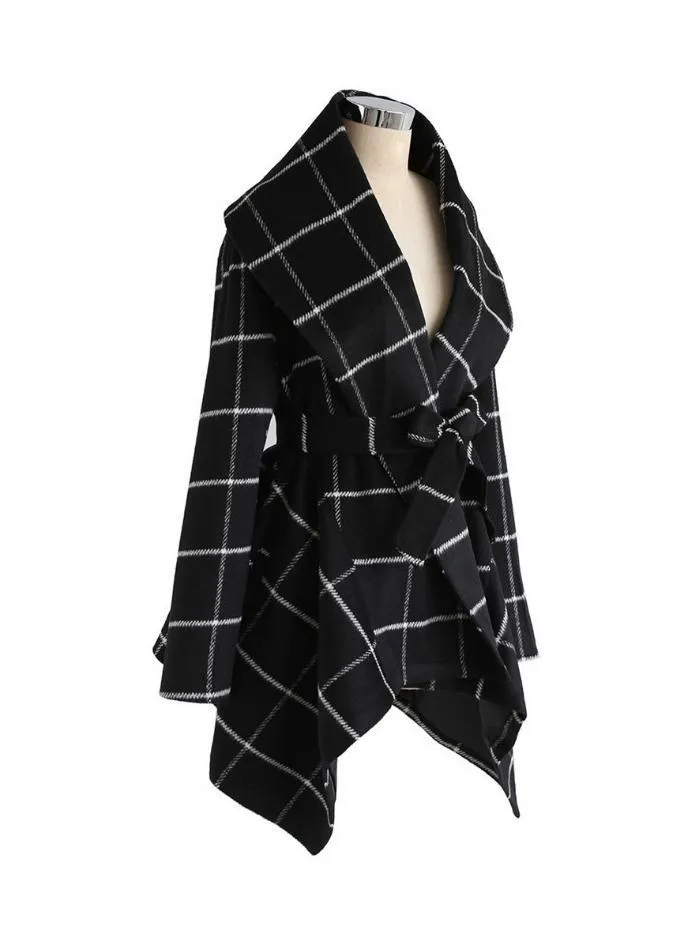 Plaid Shawl Collar Belt Overcoat