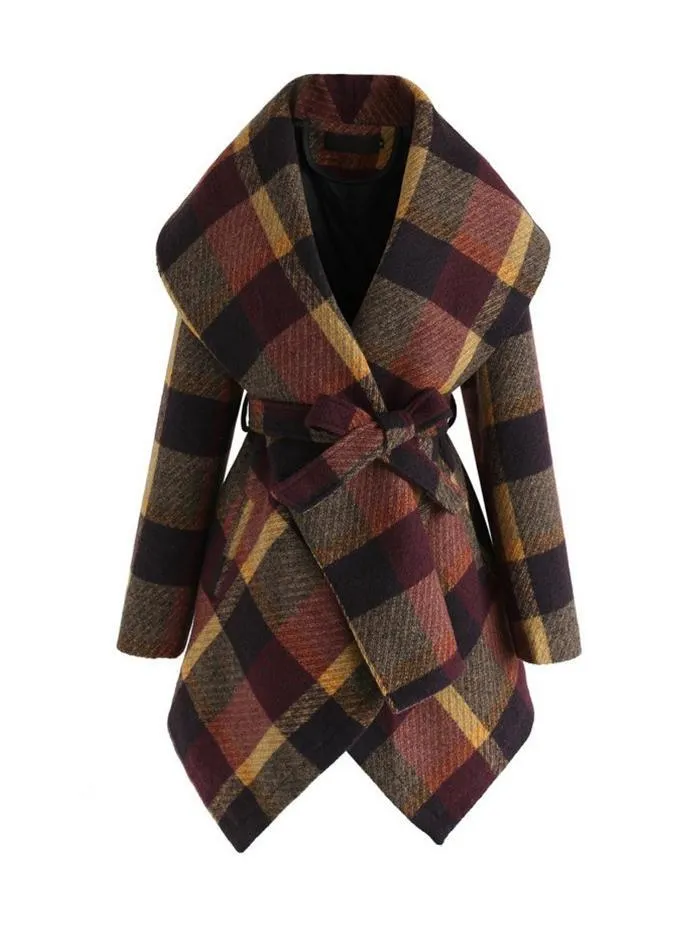 Plaid Shawl Collar Belt Overcoat