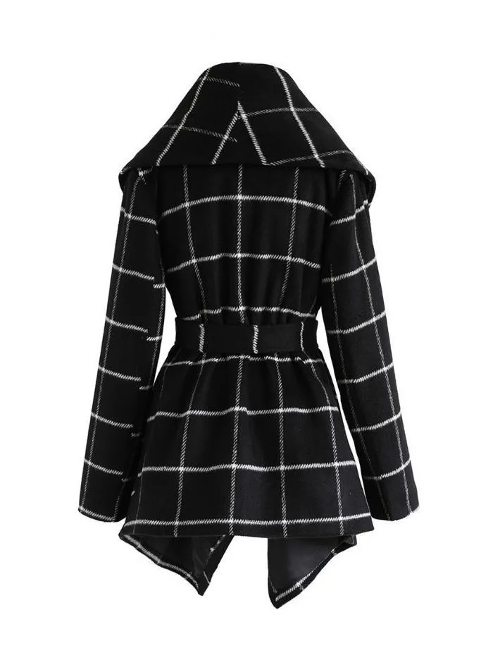 Plaid Shawl Collar Belt Overcoat