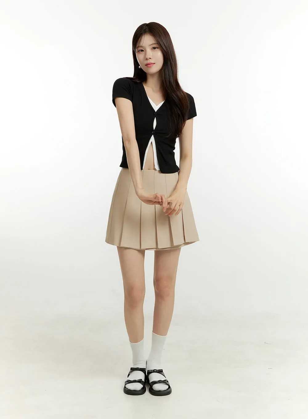 Pleated Solid Mini Skirt OU428