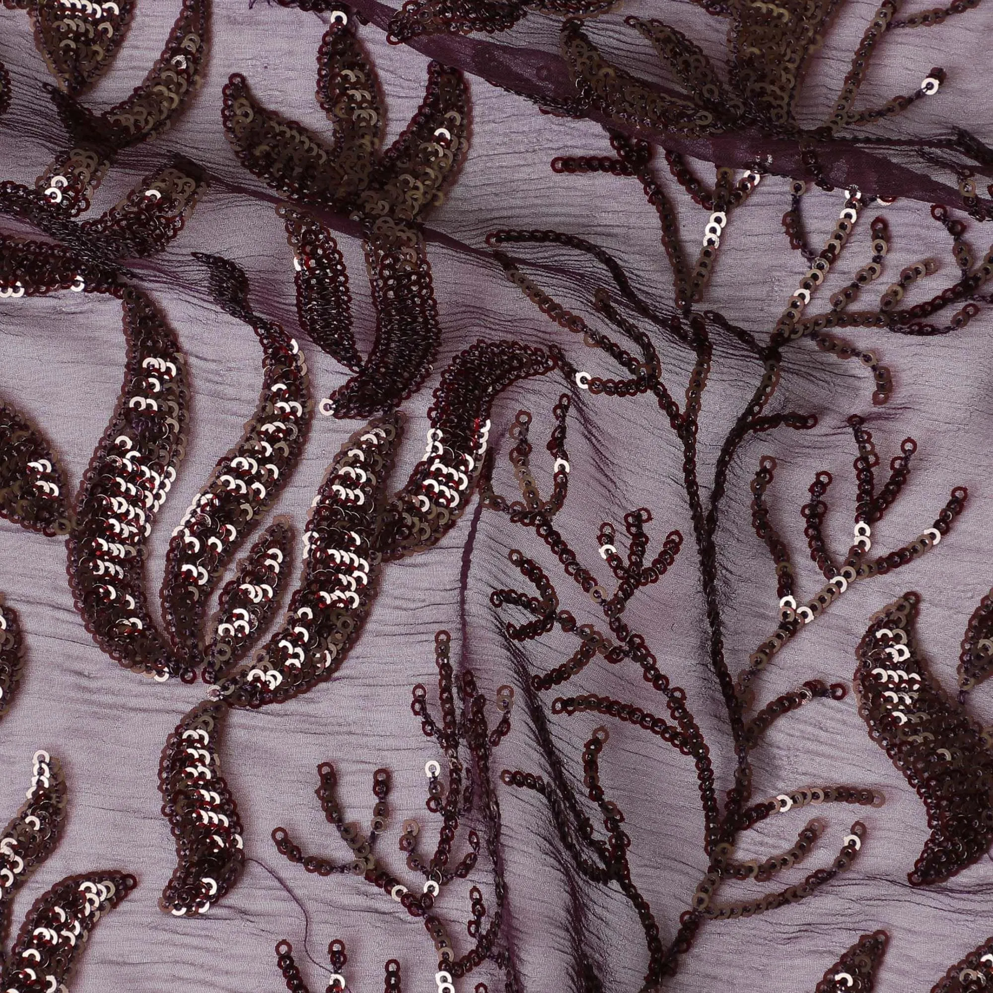 Plum premium pure silk chiffon fabric with same tone sequins embroidery in floral design-D13626