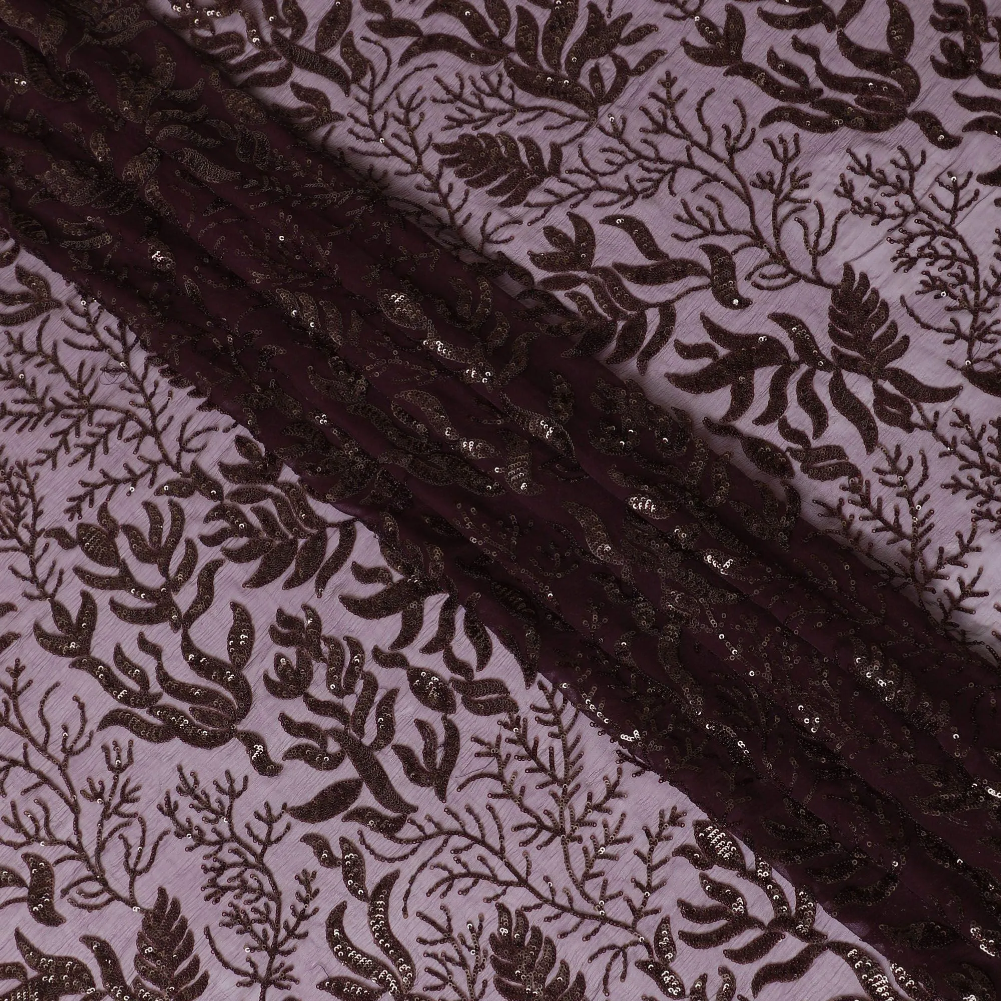 Plum premium pure silk chiffon fabric with same tone sequins embroidery in floral design-D13626