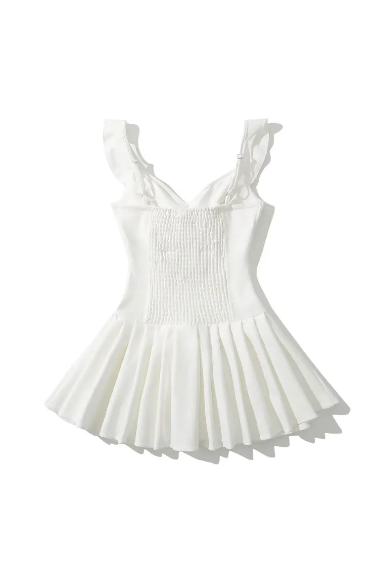 Preppy Bow Tie Ruffle Sleeveless Smocked Drop Waist Pleated Party Mini Dress