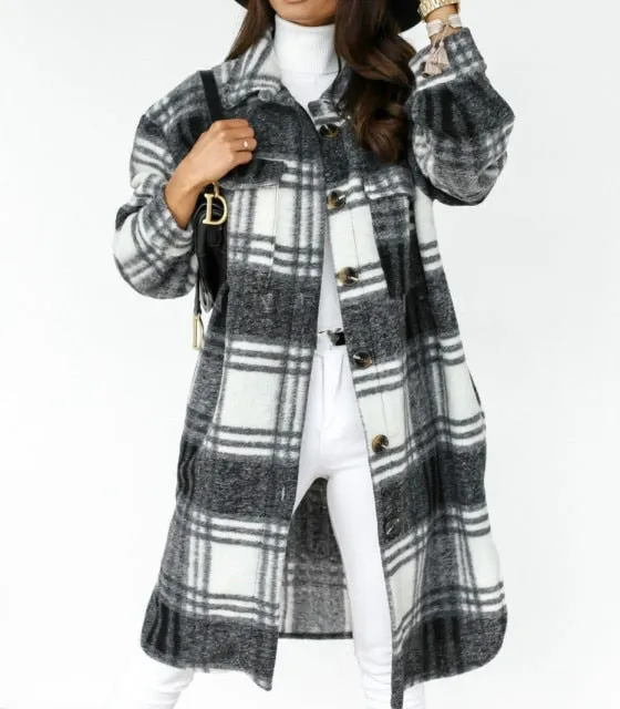 Purpdrank - Autumn Women Shirt Coat Fashion Plaid Printed Turn Down Collar Long Coat Casual Single-Breasted Winter Female Overcoat