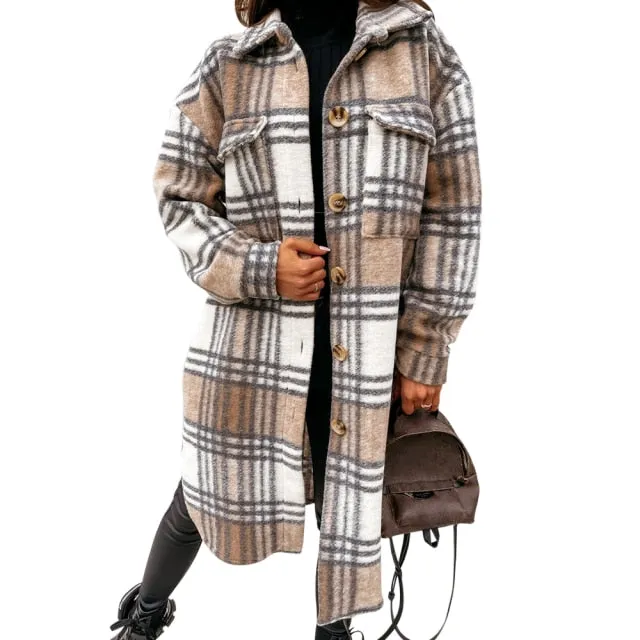 Purpdrank - Autumn Women Shirt Coat Fashion Plaid Printed Turn Down Collar Long Coat Casual Single-Breasted Winter Female Overcoat