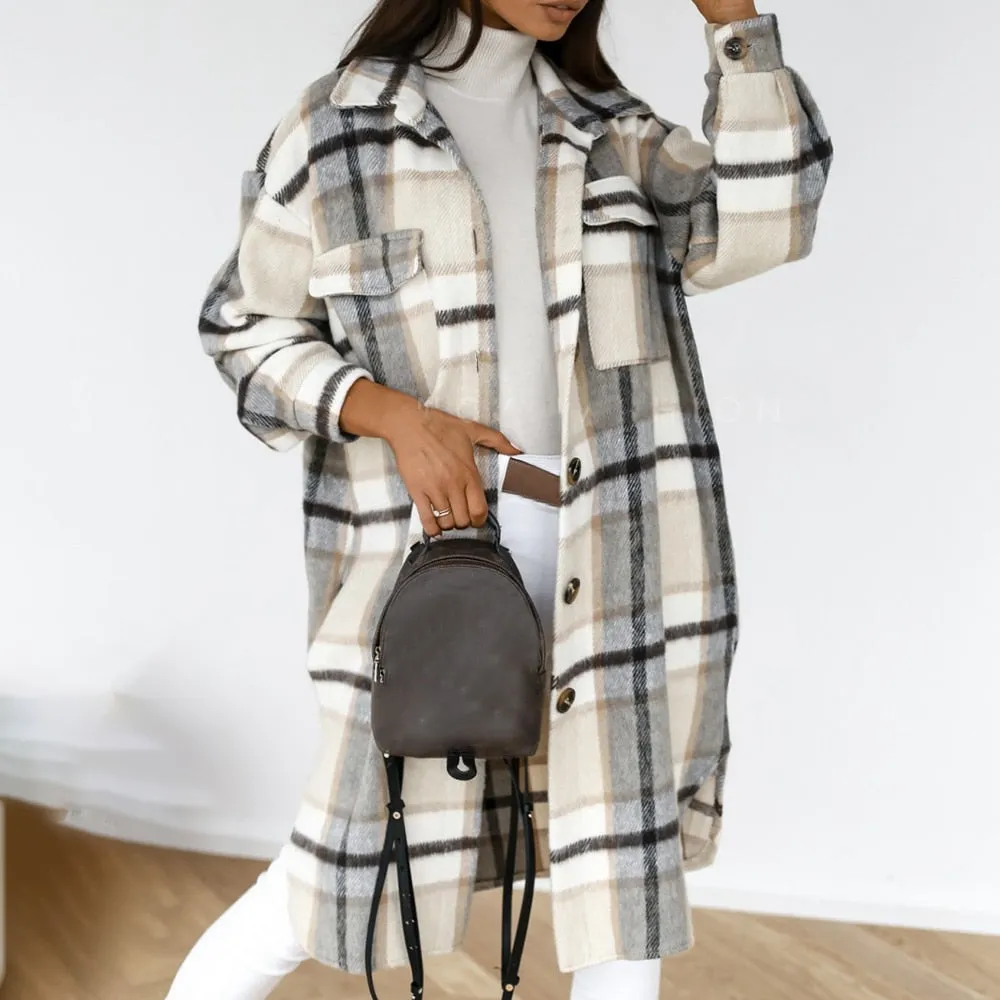 Purpdrank - Autumn Women Shirt Coat Fashion Plaid Printed Turn Down Collar Long Coat Casual Single-Breasted Winter Female Overcoat