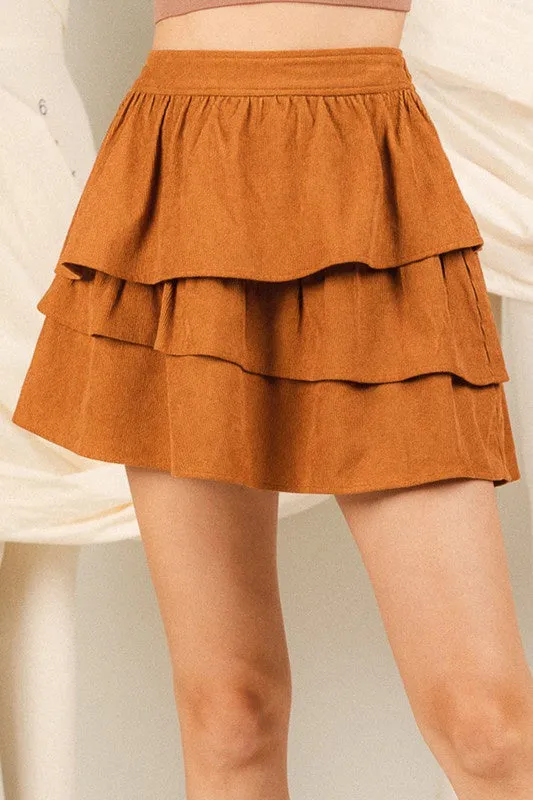 "Bitter Sweet"  Ruffle Corduroy Skirt - Brown