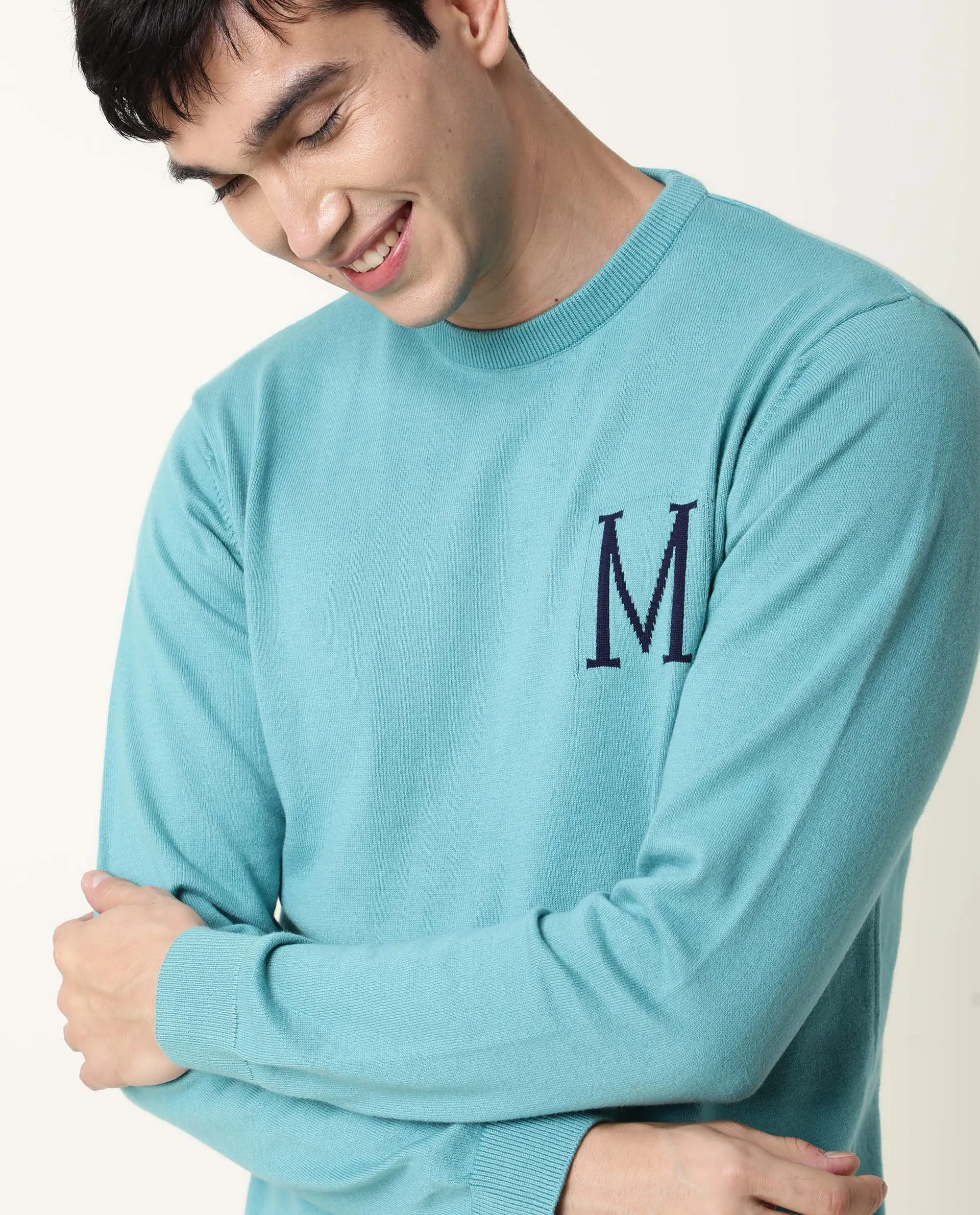 Rare Rabbit Men'S Alba Blue Cotton Fabric Round Neck Full Sleeves Regular Fit Pullover