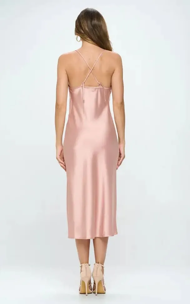 Renee C - Peach Midi Satin Slip Dress w/ Slit Two Way Straps