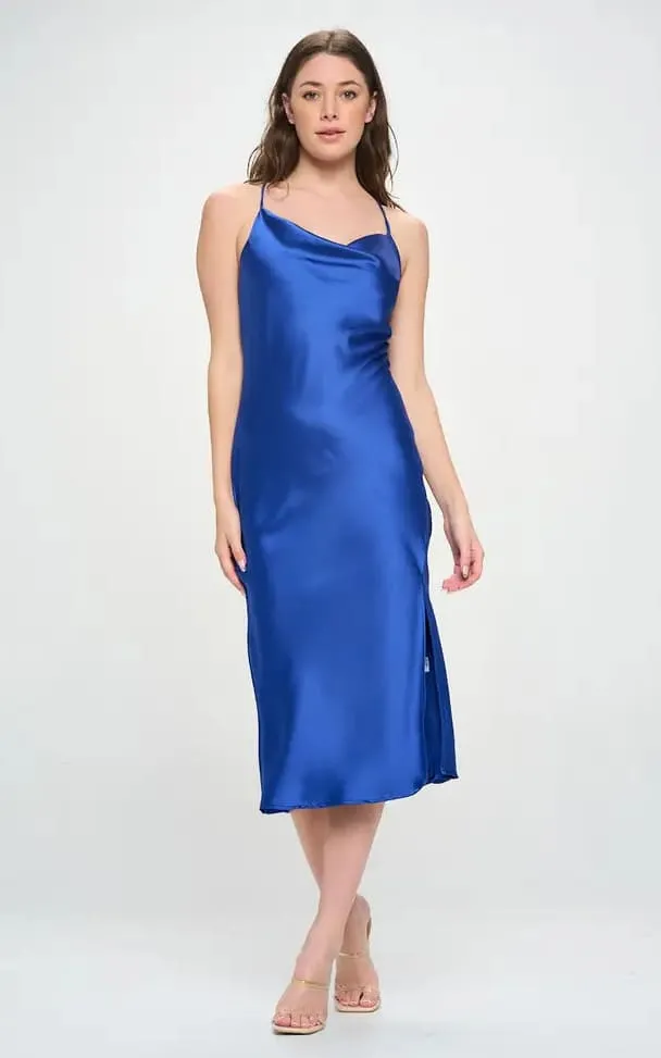 Renee C - Royal Blue Midi Satin Slip Dress w/ Slit Two Way Straps