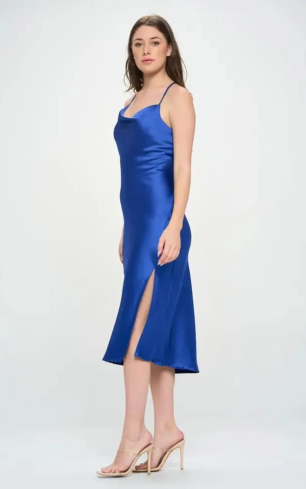 Renee C - Royal Blue Midi Satin Slip Dress w/ Slit Two Way Straps