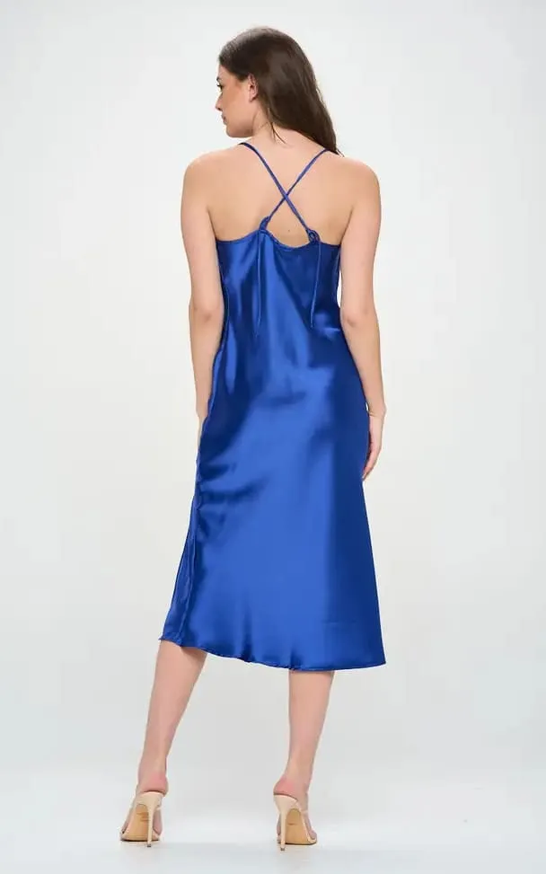 Renee C - Royal Blue Midi Satin Slip Dress w/ Slit Two Way Straps