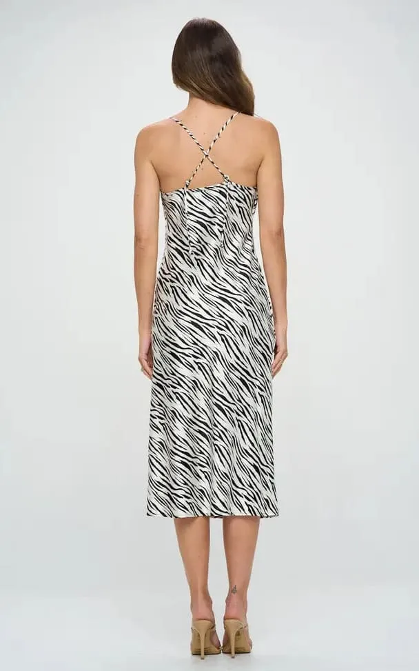 Renee C- Zebra Print Midi Satin Slip Dress with Slit