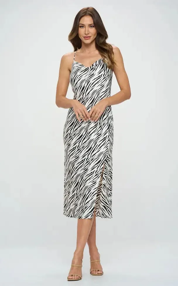 Renee C- Zebra Print Midi Satin Slip Dress with Slit