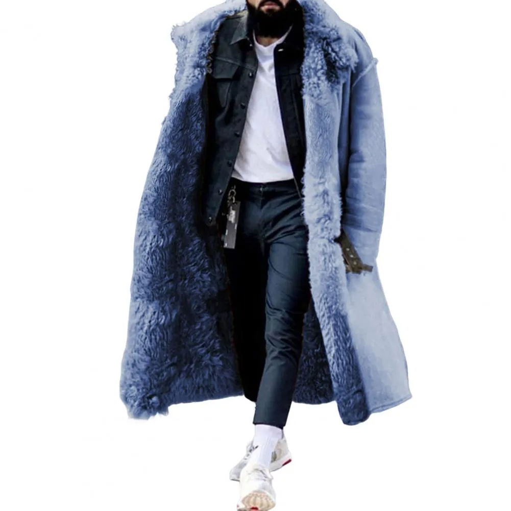 Riolio Trendy Men Winter Overcoat Midi Length Men Coat Faux Fur Colorfast Mid-calf Length Winter Overcoat Warm