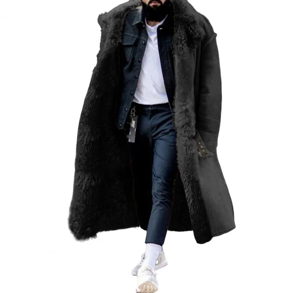 Riolio Trendy Men Winter Overcoat Midi Length Men Coat Faux Fur Colorfast Mid-calf Length Winter Overcoat Warm