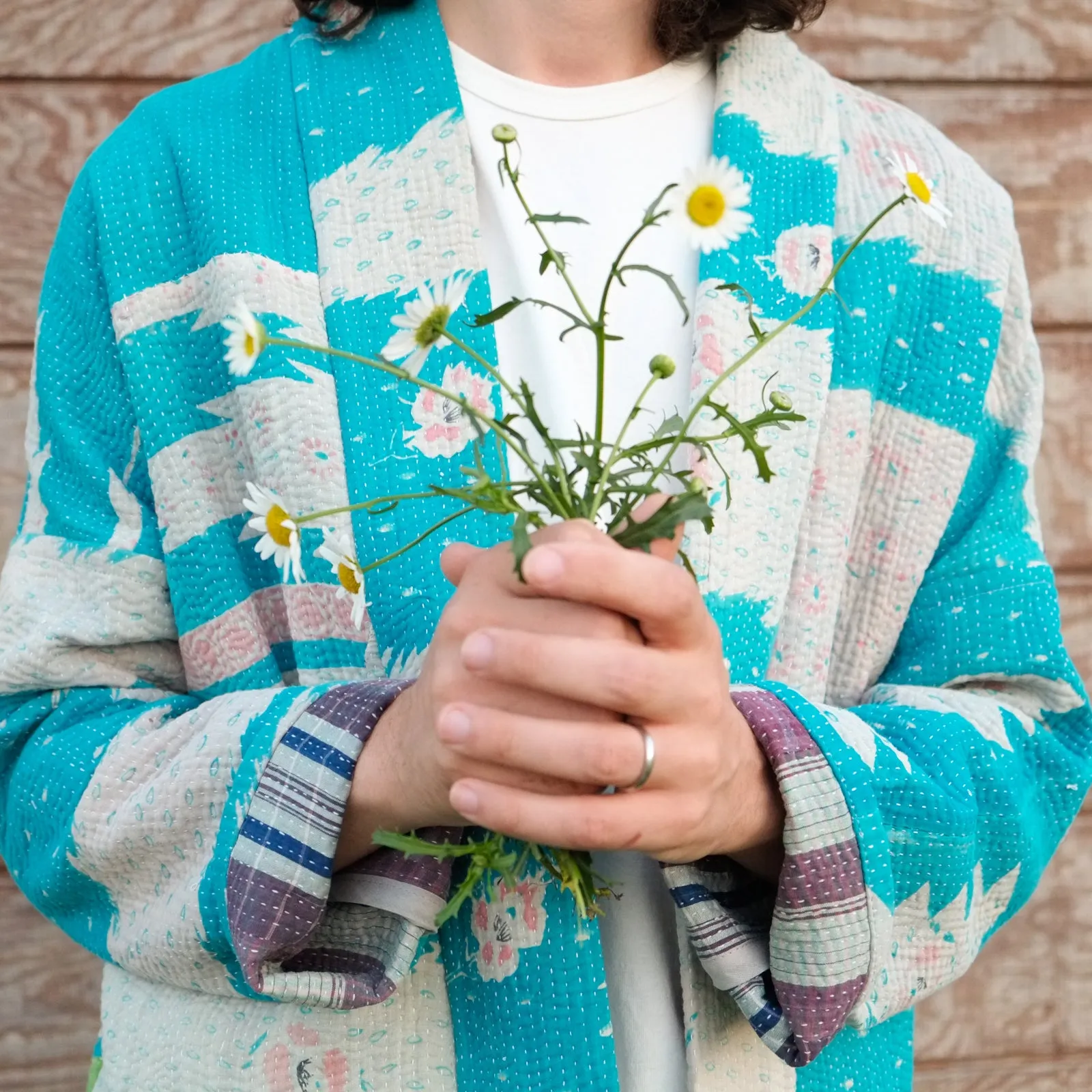 S Pale Blue and White with Light Pink Flowers Anoushka Jacket LM131