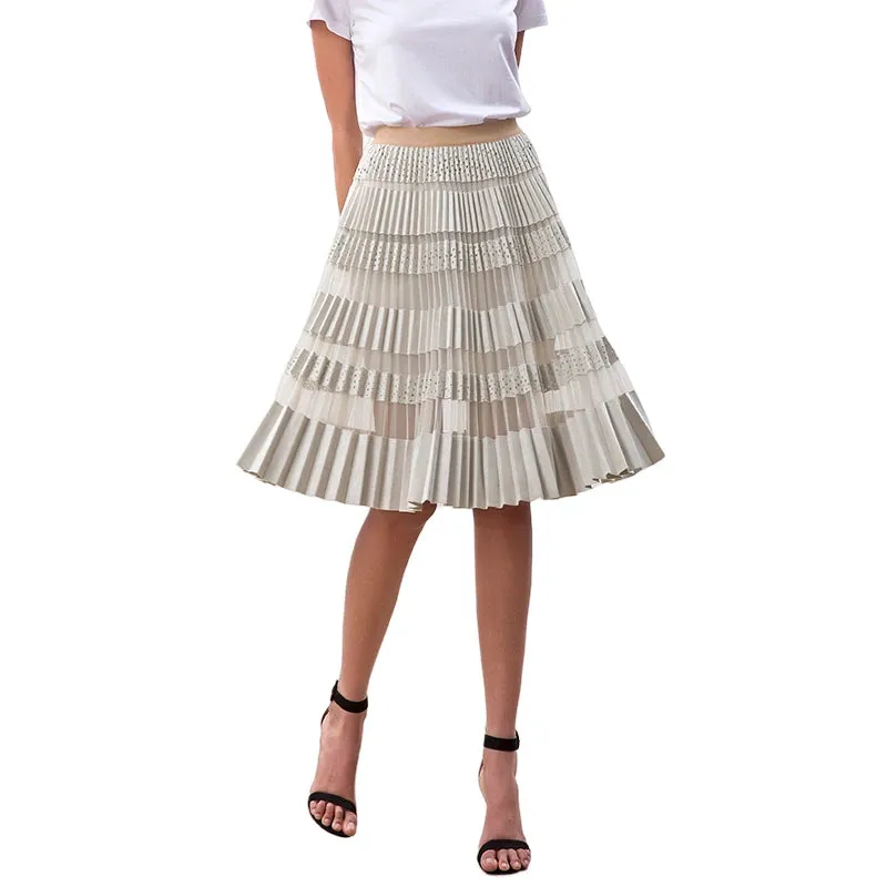 S254 Women faux suede perforated panel mesh combo sunburst pleated midi skirt