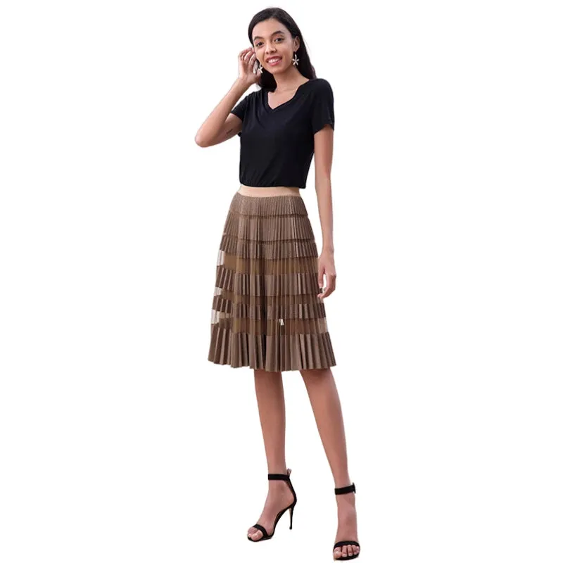 S254 Women faux suede perforated panel mesh combo sunburst pleated midi skirt