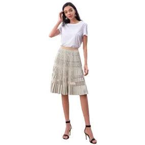 S254 Women faux suede perforated panel mesh combo sunburst pleated midi skirt