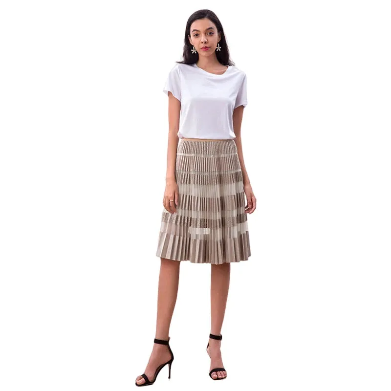 S254 Women faux suede perforated panel mesh combo sunburst pleated midi skirt